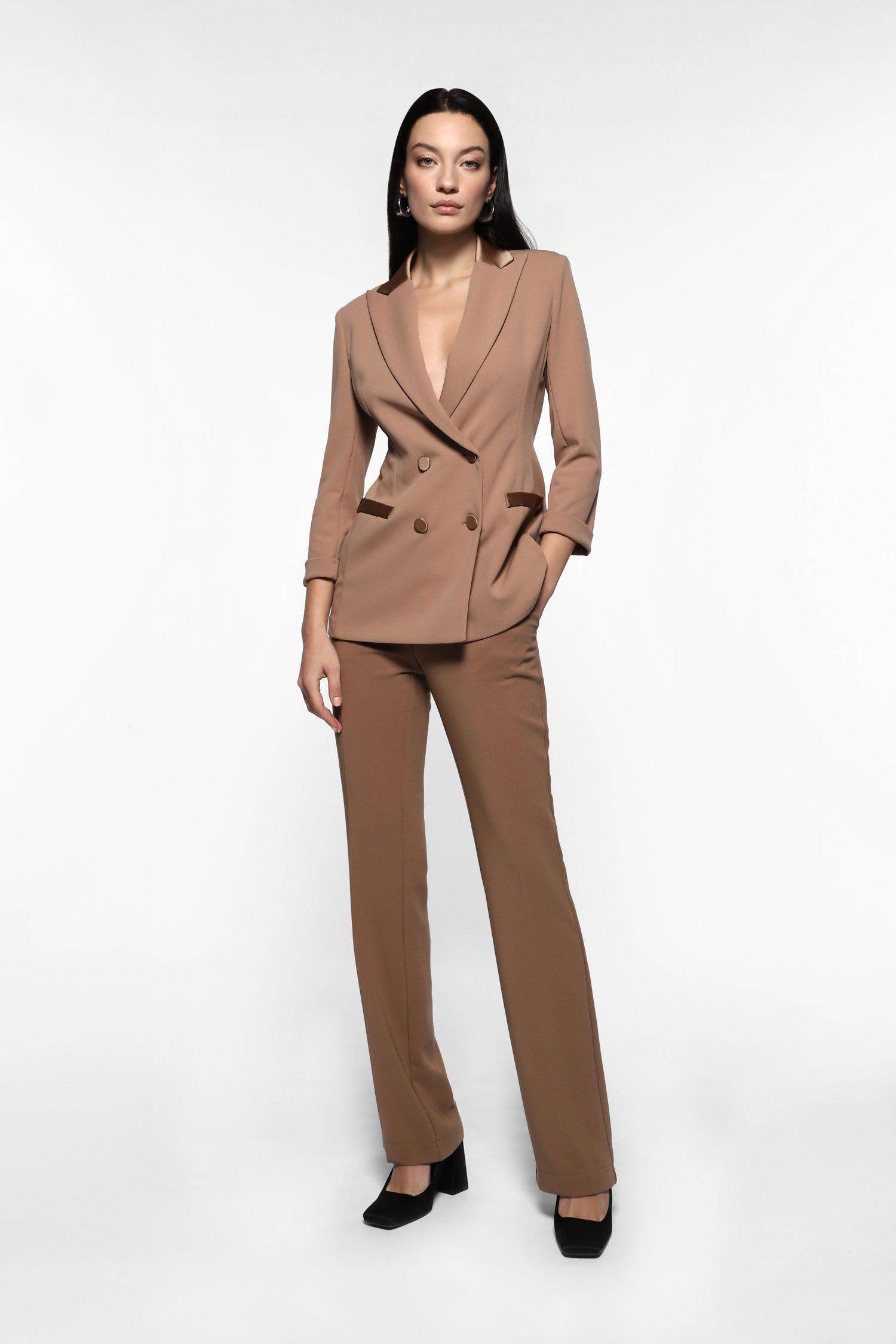 Pantaloni flare con inserto in raso Imperial cammello Pantaloni flare con inserto in raso Imperial cammello