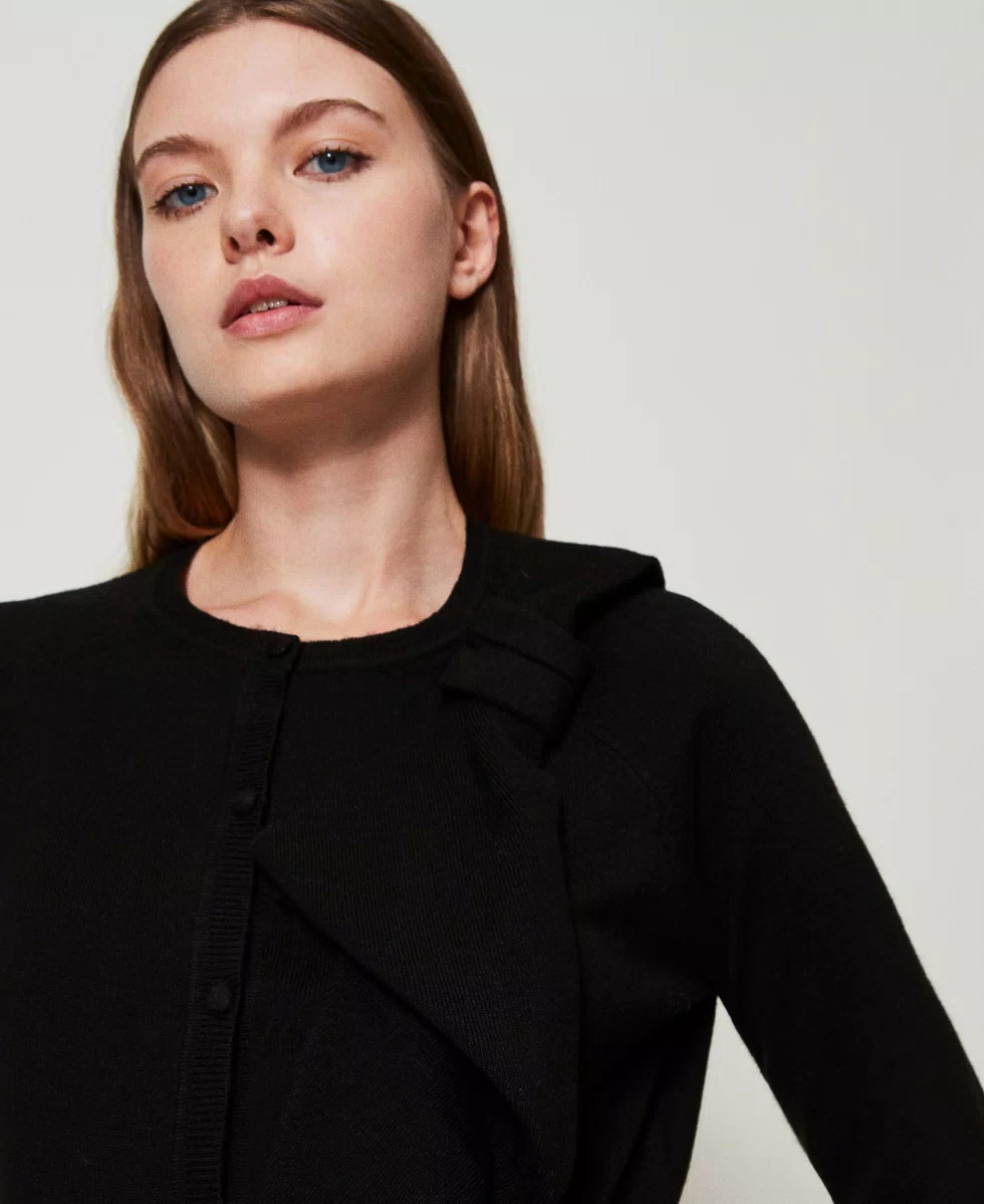 UNCLECAT Cardigan Donna Con Fiocco Anteriore - Maglia Oversize Aperta, Maniche Lunghe, Autunno Inverno, Colore Nero - 3