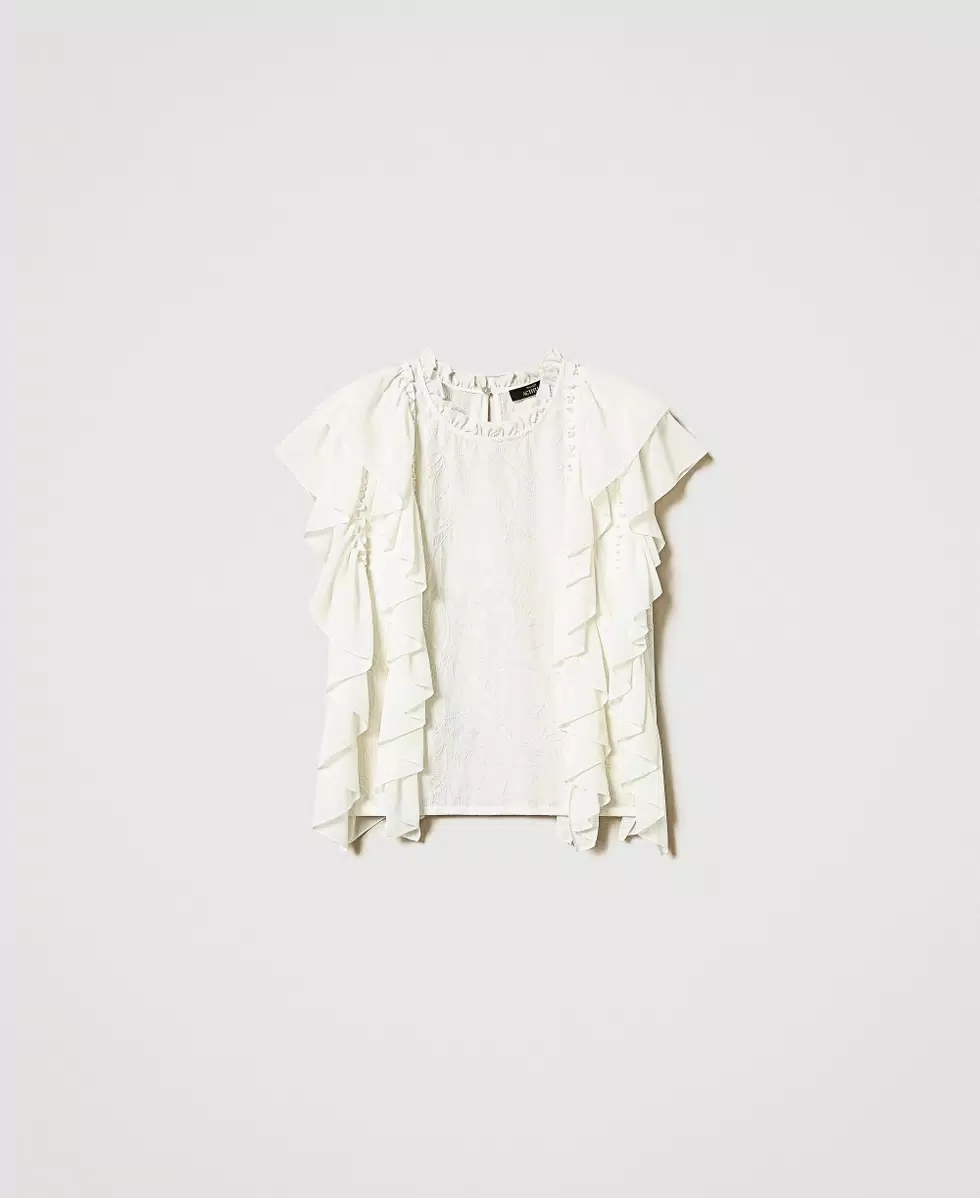 Blusa in mussola con volant e ricamo Twinset Actitude1 Blusa in mussola con volant e ricamo Twinset Actitude1