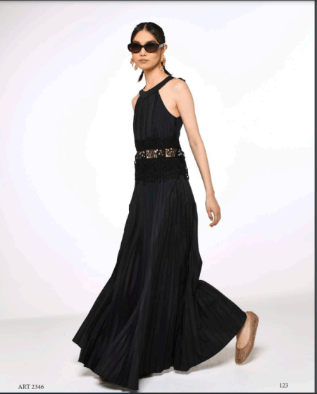 Abito midi halter plissettato con pizzo Milva.Mi