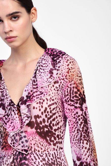 Abito lungo animalier con rouches Dixie1