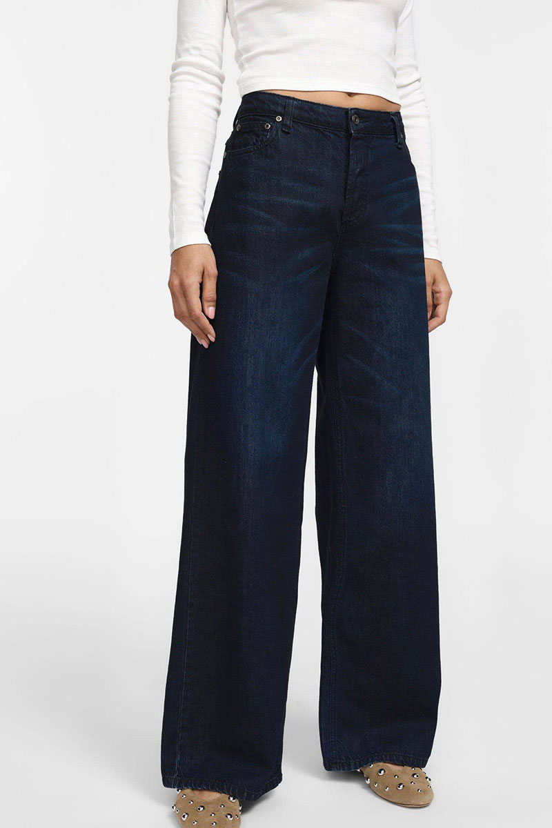 Jeans Donna Allimy - Vita Alta Gamba Larga Con Tasche Applicate