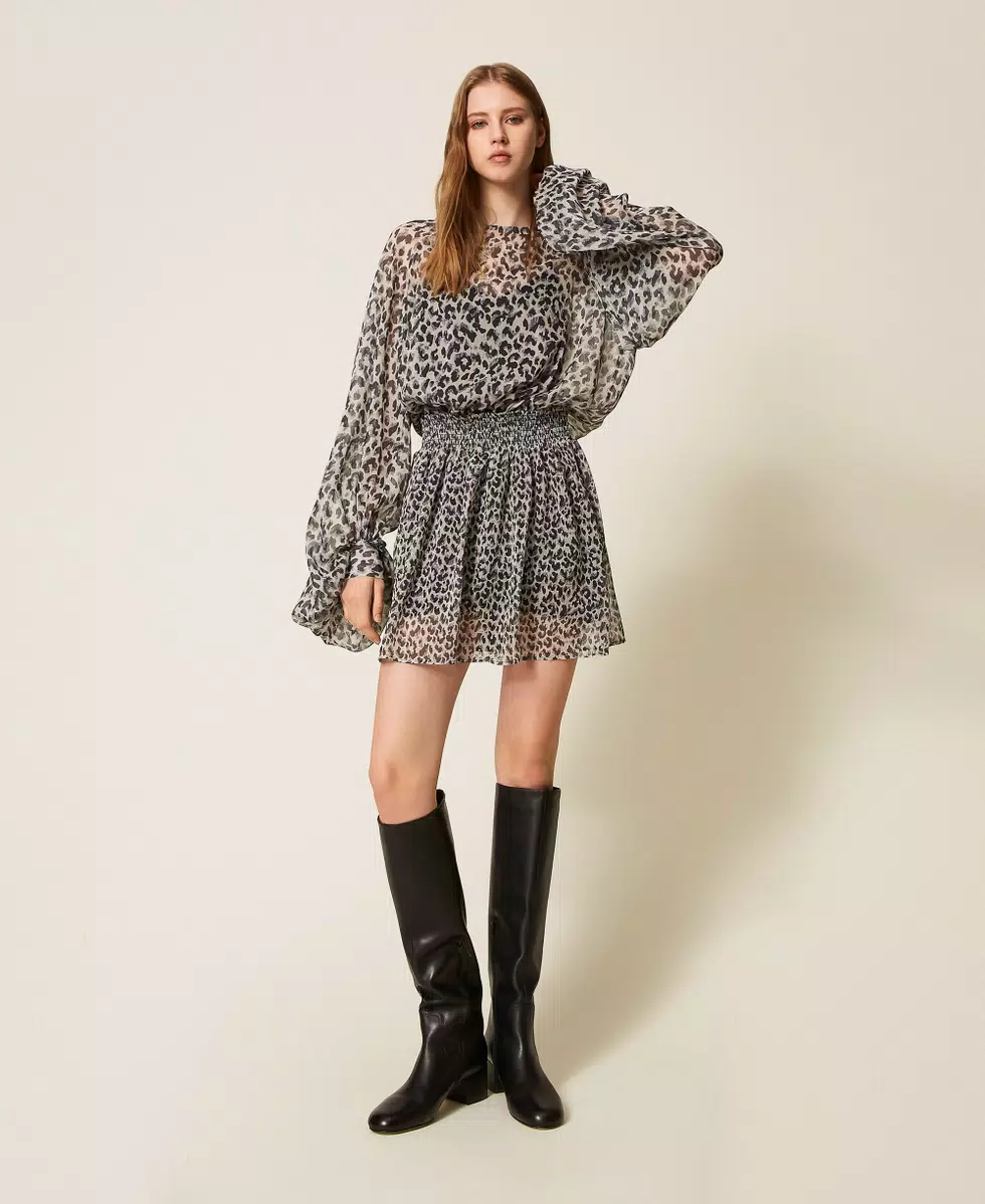Abito corto in voile animalier Twinset Actitude 0 Abito corto in voile animalier Twinset Actitude 0