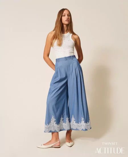 Pantaloni a palazzo con pizzo e cintura Twinset Actitude