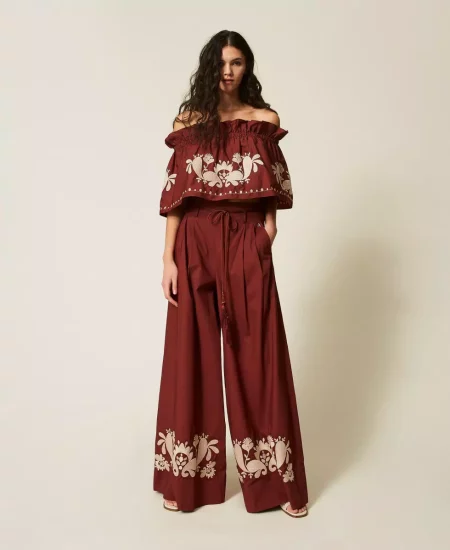 Pantaloni palazzo in popeline con ricamo Twinset Actitude 0
