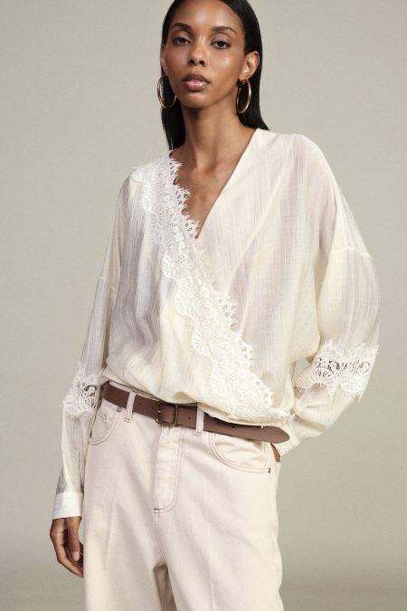 Blusa con maniche lunghe scollo a v e pizzo Dixie 1