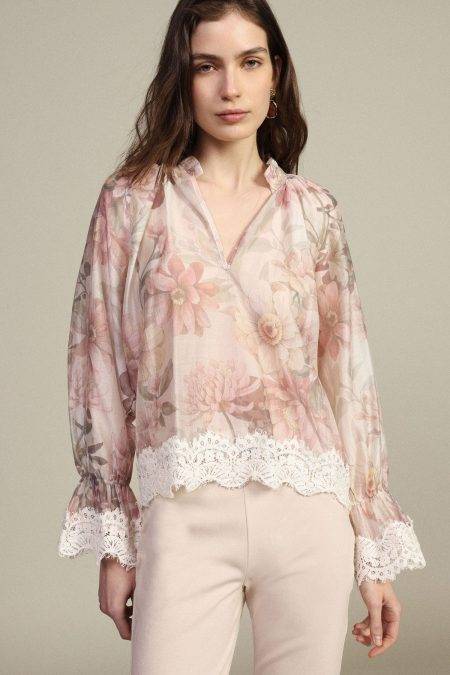 Blusa floreale con inserto in pizzo Dixie