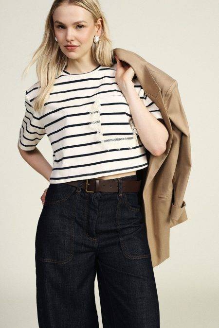 T shirt a righe cropped con tasca Dixie 0